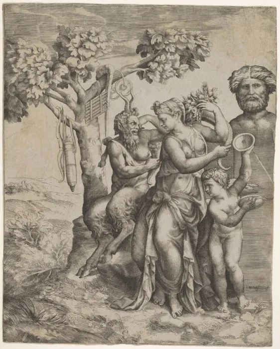 Framed Print : Pan seated near a female figure holding a cornucopia (a nymph or Pomona), at right Framed Print : Pan seated near a female figure holding a cornucopia (a nymph or Pomona), at right