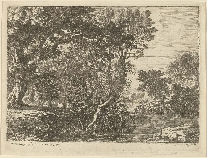 Framed Print : Pan and Syrinx. Creator: Herman van Swanevelt Framed Print : Pan and Syrinx. Creator: Herman van Swanevelt