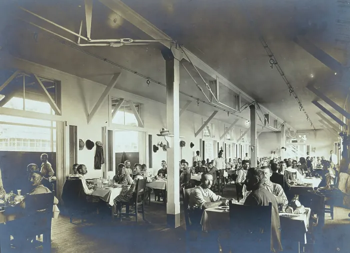 Framed Print : Panama Canal construction workers (American and European) dining in the Isthmian Canal... c1910. Creator: Unknown Framed Print : Panama Canal construction workers (American and European) dining in the Isthmian Canal... c1910. Creator: Unknown