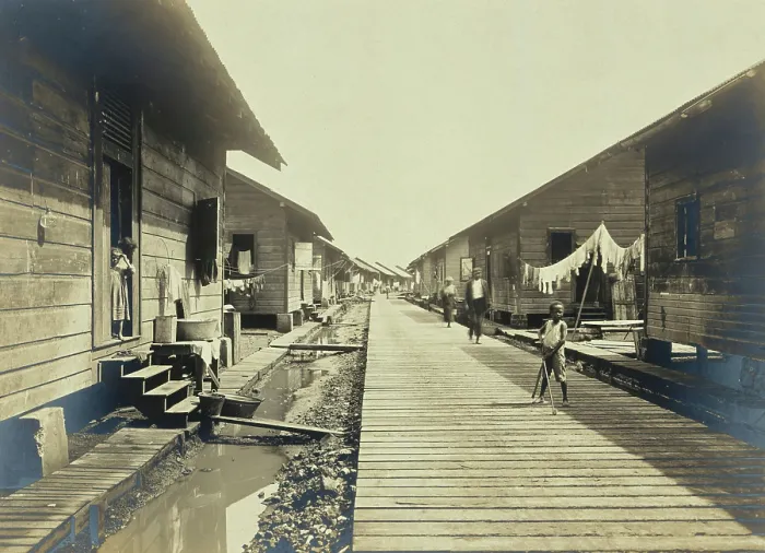 Framed Print : Panama Canal workers (West Indian and Panaman) quarters: exterior view of wooden huts... c1910 Framed Print : Panama Canal workers (West Indian and Panaman) quarters: exterior view of wooden huts... c1910