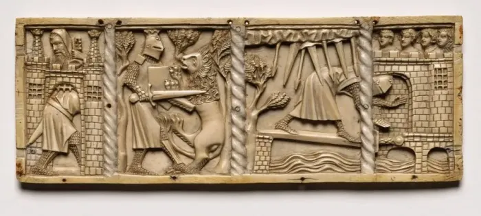 Framed Print : Panel from a Casket with Scenes from Courtly Romances, 1330. Creator: Unknown Framed Print : Panel from a Casket with Scenes from Courtly Romances, 1330. Creator: Unknown