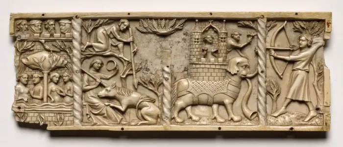Framed Print : Panel from a Casket with Scenes from Courtly Romances, 1330-1350 or later. Creator: Unknown Framed Print : Panel from a Casket with Scenes from Courtly Romances, 1330-1350 or later. Creator: Unknown