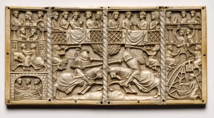 Framed Print : Panel from a Casket with Scenes from Courtly Romances, c. 1330-1350 or later. Creator: Unknown Framed Print : Panel from a Casket with Scenes from Courtly Romances, c. 1330-1350 or later. Creator: Unknown