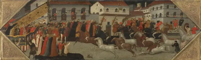 Framed Print : Panel from a Cassone: The Race of the Palio in the Streets of Florence, 1418. Creator Framed Print : Panel from a Cassone: The Race of the Palio in the Streets of Florence, 1418. Creator
