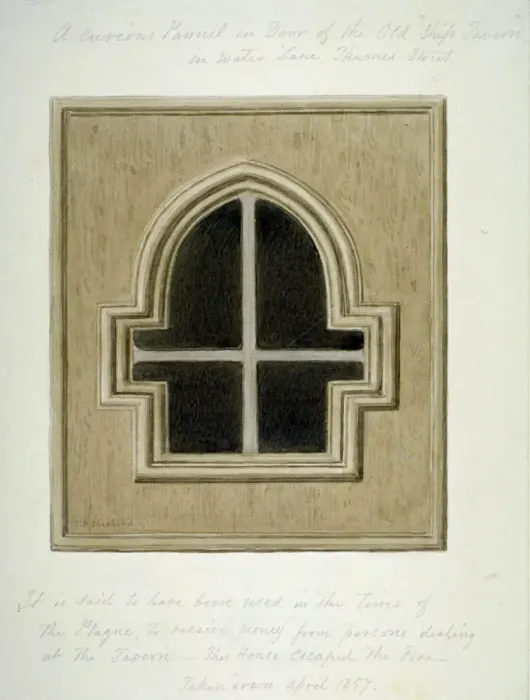 Framed Print : Panel in the door of the Ship Tavern, Water Lane, City of London, 1857 Framed Print : Panel in the door of the Ship Tavern, Water Lane, City of London, 1857