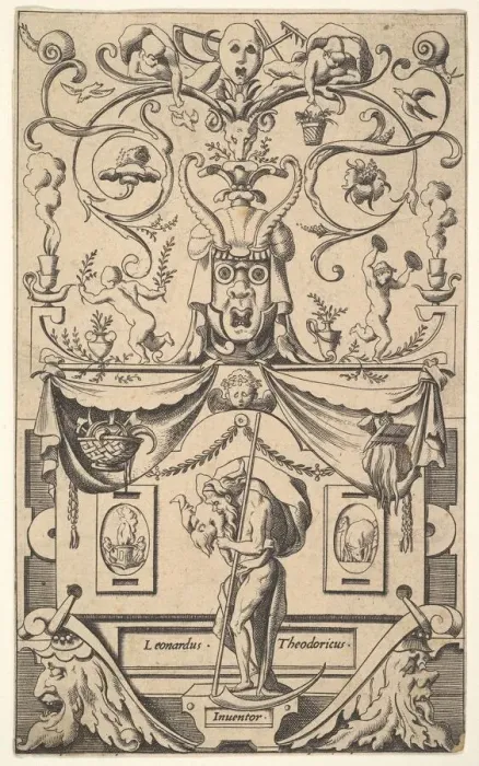 Framed Print : Panel with figure of Saturn, plate 1, ca. 1550-65. Creator: Rene Boyvin Framed Print : Panel with figure of Saturn, plate 1, ca. 1550-65. Creator: Rene Boyvin