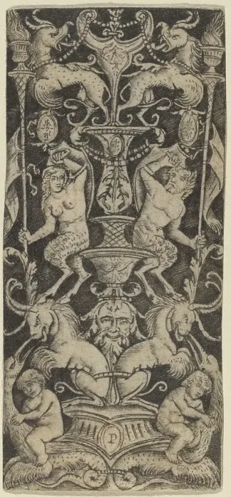 Framed Print : Panel of Ornament with Two Naked Children on Monstrous Beasts, c. 1505 / 1520. Creator: Peregrino da Cesena Framed Print : Panel of Ornament with Two Naked Children on Monstrous Beasts, c. 1505 / 1520. Creator: Peregrino da Cesena