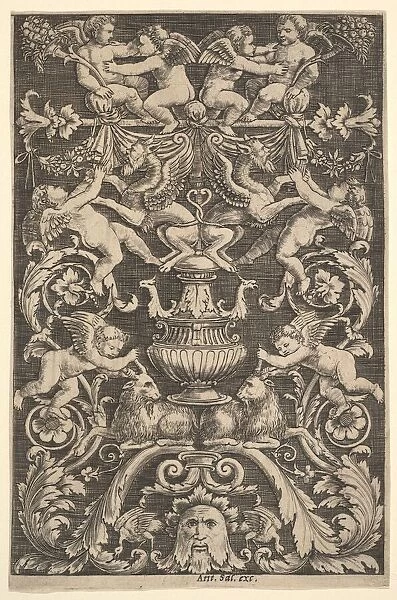 A panel of ornament with putti, goat and other figures, 1530-60