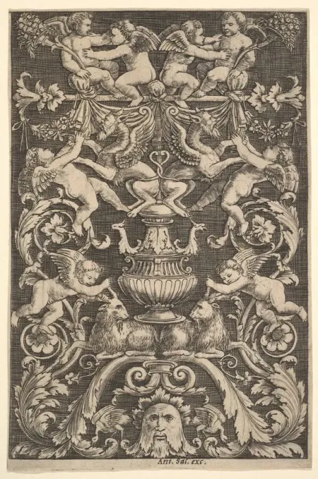 Framed Print : A panel of ornament with putti, goat and other figures, 1530-60 Framed Print : A panel of ornament with putti, goat and other figures, 1530-60