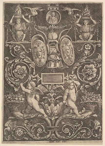 A panel of ornament, putti standing on cornucopia in lower section, 1530-60