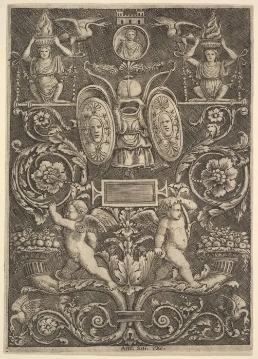 Framed Print : A panel of ornament, putti standing on cornucopia in lower section, 1530-60 Framed Print : A panel of ornament, putti standing on cornucopia in lower section, 1530-60