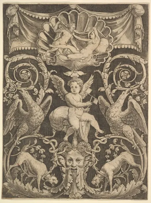 Framed Print : A panel of ornament with a putto in the centre holding a windmill, 1532 Framed Print : A panel of ornament with a putto in the centre holding a windmill, 1532