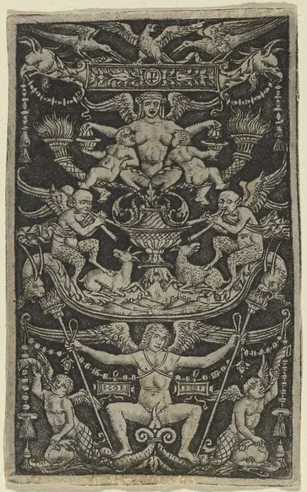 Framed Print : Panel of Ornament with a Satyress Feeding Two Children, c. 1505 / 1520. Creator: Peregrino da Cesena Framed Print : Panel of Ornament with a Satyress Feeding Two Children, c. 1505 / 1520. Creator: Peregrino da Cesena
