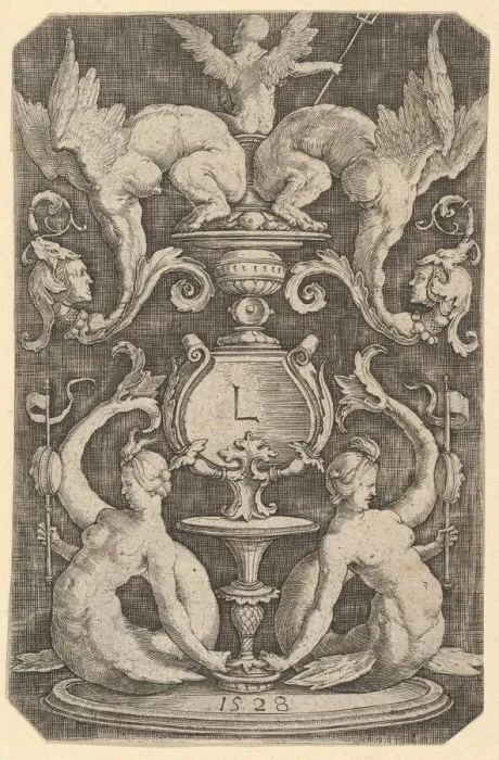 Framed Print : Panel of Ornament with Two Sirens, 1528. Creator: Lucas van Leyden Framed Print : Panel of Ornament with Two Sirens, 1528. Creator: Lucas van Leyden