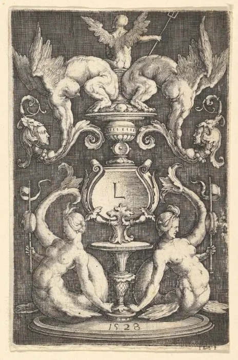 Framed Print : Panel of Ornament with Two Sirens, 1528. Creator: Lucas van Leyden Framed Print : Panel of Ornament with Two Sirens, 1528. Creator: Lucas van Leyden