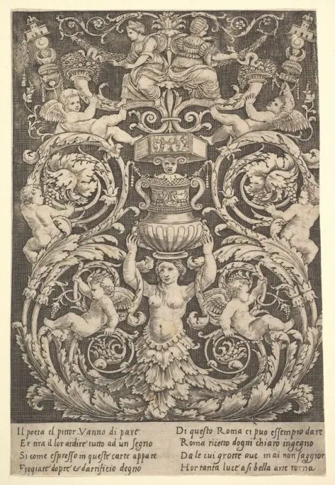 Framed Print : A panel of ornament with a woman holding a vase in centre, 1532 Framed Print : A panel of ornament with a woman holding a vase in centre, 1532