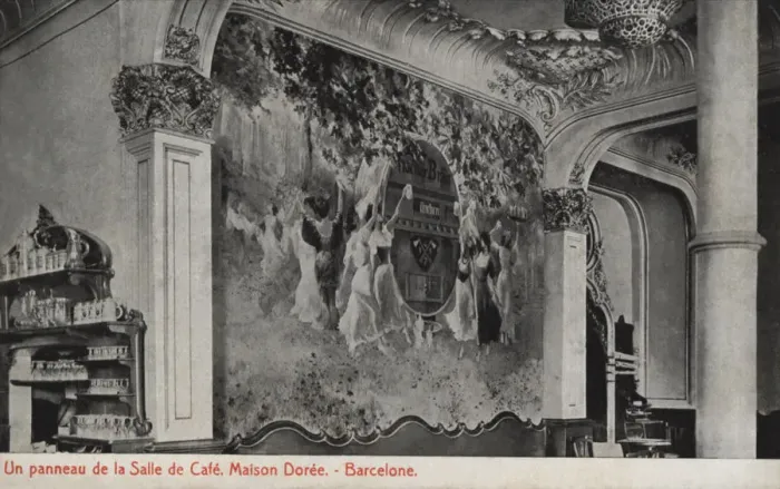Framed Print : Panel of the room of the Cafe Maison Doree in Barcelona, ??photography of 1915, postcard Framed Print : Panel of the room of the Cafe Maison Doree in Barcelona, ??photography of 1915, postcard