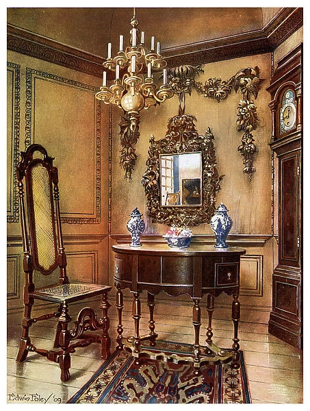 Panelling, mirror frame, walnut table and chair, Charles Wesleys walnut high case clock, 1910. Artist: Edwin Foley