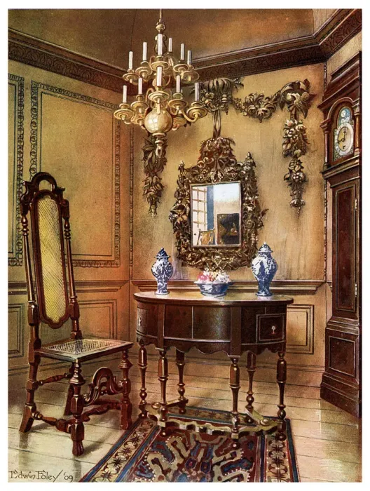 Framed Print : Panelling, mirror frame, walnut table and chair, Charles Wesleys walnut high case clock, 1910. Artist: Edwin Foley Framed Print : Panelling, mirror frame, walnut table and chair, Charles Wesleys walnut high case clock, 1910. Artist: Edwin Foley