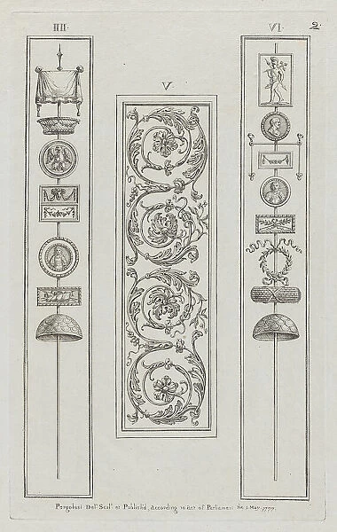 Panels of Ornament, nos. IIII-VI ('Designs for Various Ornaments, ' pl. 2), May 1, 1777. Creator: Michelangelo Pergolesi. Panels of Ornament, nos. IIII-VI ('Designs for Various Ornaments, ' pl. 2), May 1, 1777