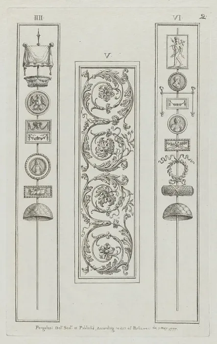 Framed Print : Panels of Ornament, nos. IIII-VI ('Designs for Various Ornaments, pl. 2), May 1, 1777. Creator: Michelangelo Pergolesi. Panels of Ornament, nos. IIII-VI ('Designs for Various Ornaments, pl. 2), May 1, 1777 Framed Print : Panels of Ornament, nos. IIII-VI ('Designs for Various Ornaments, pl. 2), May 1, 1777. Creator: Michelangelo Pergolesi. Panels of Ornament, nos. IIII-VI ('Designs for Various Ornaments, pl. 2), May 1, 1777