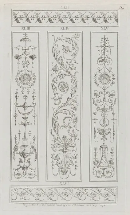 Framed Print : Panels of Ornament, nos. XLII-XLVI ('Designs for Various Ornaments, pl. 14), May 30, 1778. Creator: Michelangelo Pergolesi. Panels of Ornament, nos. XLII-XLVI ('Designs for Various Ornaments, pl. 14), May 30, 1778 Framed Print : Panels of Ornament, nos. XLII-XLVI ('Designs for Various Ornaments, pl. 14), May 30, 1778. Creator: Michelangelo Pergolesi. Panels of Ornament, nos. XLII-XLVI ('Designs for Various Ornaments, pl. 14), May 30, 1778
