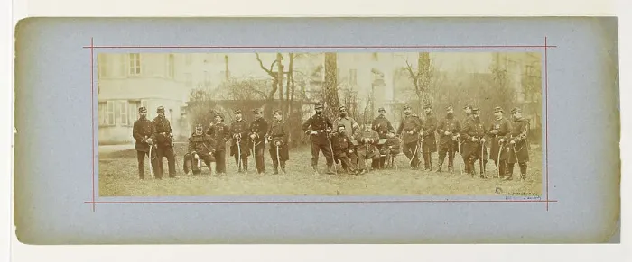 Framed Print : Panorama: group portrait of soldiers from the 97th battalion, 1870. Creator: Andre-Adolphe-Eugene Disderi Framed Print : Panorama: group portrait of soldiers from the 97th battalion, 1870. Creator: Andre-Adolphe-Eugene Disderi