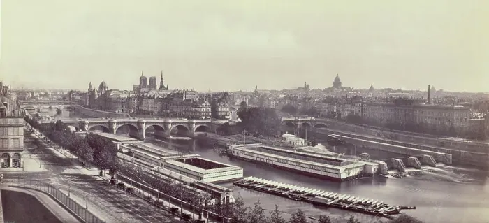 Framed Print : Panorama pris du Louvre montrant les quais de la Seine, le Pont-Neuf et l'hôtel de la...c1845-1858. Creators: Frederic Martens, Goupil and Co Framed Print : Panorama pris du Louvre montrant les quais de la Seine, le Pont-Neuf et l'hôtel de la...c1845-1858. Creators: Frederic Martens, Goupil and Co
