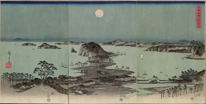 Framed Print : Panorama of the Eight Views of Kanazawa under a Full Moon (Buyo Kanazawa hassho yakei), 1857. Creator: Hiroshige, Utagawa (1797-1858) Framed Print : Panorama of the Eight Views of Kanazawa under a Full Moon (Buyo Kanazawa hassho yakei), 1857. Creator: Hiroshige, Utagawa (1797-1858)
