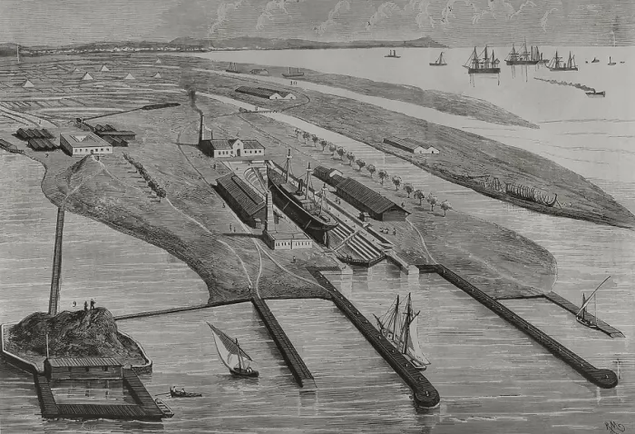Framed Print : Panoramic view of the Carenas Dike of Messrs. A. Lopez y Cia. at Matagorda Beach, Cadiz, Spain, 1878. Creators: Rafael Monleon, Bernardo Rico Framed Print : Panoramic view of the Carenas Dike of Messrs. A. Lopez y Cia. at Matagorda Beach, Cadiz, Spain, 1878. Creators: Rafael Monleon, Bernardo Rico