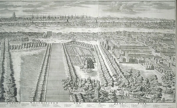 Panoramic view of the City of London and Westminster showing St Jamess Park, 1730