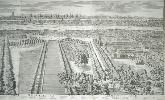 Framed Print : Panoramic view of the City of London and Westminster showing St Jamess Park, 1730 Framed Print : Panoramic view of the City of London and Westminster showing St Jamess Park, 1730