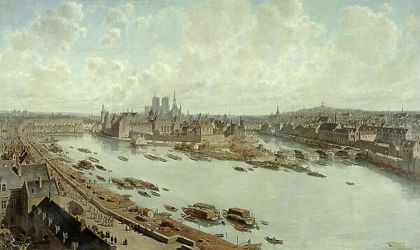 Panoramic view of Paris in 1588, from the rooftops of the Louvre, with Pont-Neuf under... 1890. Creator: Theodor Josef Hubert Hoffbauer