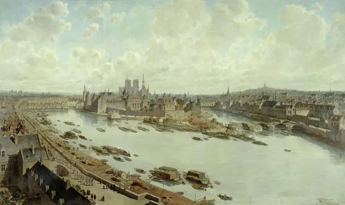 Framed Print : Panoramic view of Paris in 1588, from the rooftops of the Louvre, with Pont-Neuf under... 1890. Creator: Theodor Josef Hubert Hoffbauer Framed Print : Panoramic view of Paris in 1588, from the rooftops of the Louvre, with Pont-Neuf under... 1890. Creator: Theodor Josef Hubert Hoffbauer