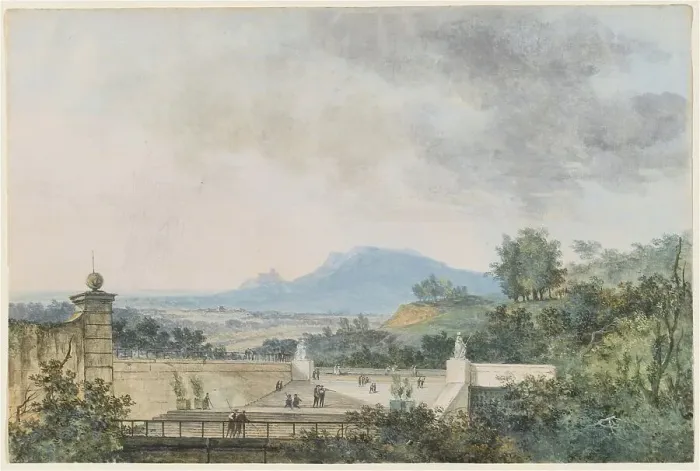 Framed Print : Panoramic View across a Terraced Park, 1780 / 1790. Creator: Louis Gabriel Moreau Framed Print : Panoramic View across a Terraced Park, 1780 / 1790. Creator: Louis Gabriel Moreau