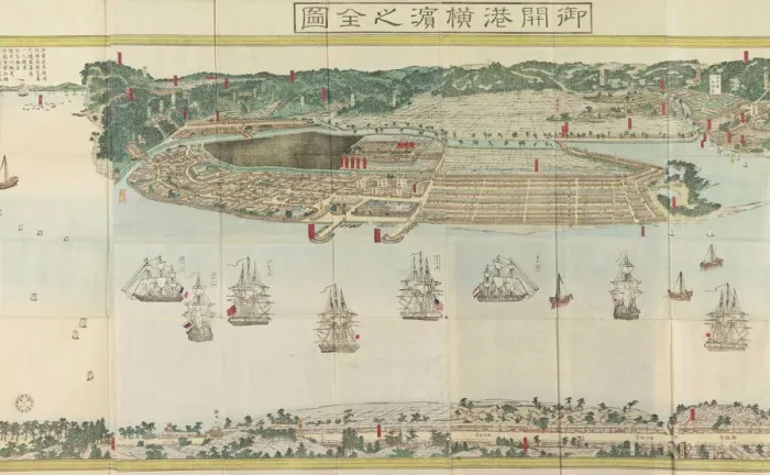 Framed Print : Panoramic View of Yokohama, ca 1860. Creator: Sadahide, Utagawa (1807-1873) Framed Print : Panoramic View of Yokohama, ca 1860. Creator: Sadahide, Utagawa (1807-1873)