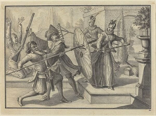 Pantaloon and the Doctor Fighting with Columbine and Brigatella in the Garden, c. 1729. Creator: Johann Jakob Schübler
