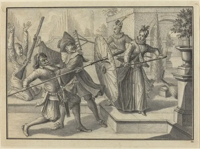Framed Print : Pantaloon and the Doctor Fighting with Columbine and Brigatella in the Garden, c. 1729. Creator: Johann Jakob Schübler Framed Print : Pantaloon and the Doctor Fighting with Columbine and Brigatella in the Garden, c. 1729. Creator: Johann Jakob Schübler