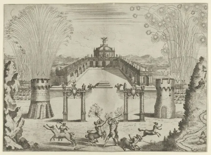 Framed Print : Pantomime with fireworks performed for the marriage of Emperor Leopold I to the Infanta Ma... 1666. Creator: Melchior Küsel Framed Print : Pantomime with fireworks performed for the marriage of Emperor Leopold I to the Infanta Ma... 1666. Creator: Melchior Küsel