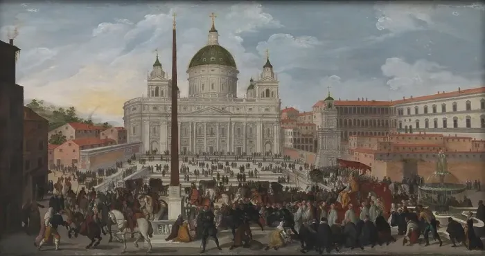 Framed Print : A Papal Procession in Piazza San Pietro in Rome, 1628. Creator: Jacob Isaacz van Swanenburg Framed Print : A Papal Procession in Piazza San Pietro in Rome, 1628. Creator: Jacob Isaacz van Swanenburg