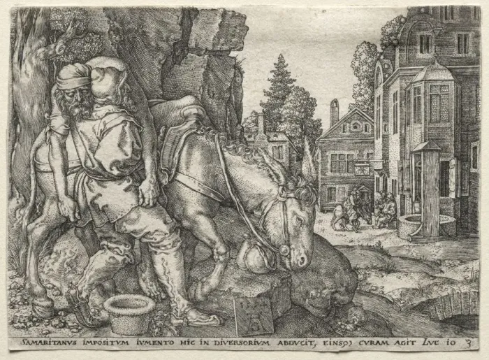 Framed Print : The Parable of the Good Samaritan: The Good Samaritan Putting the Traveler on His Donkey, 1554 Framed Print : The Parable of the Good Samaritan: The Good Samaritan Putting the Traveler on His Donkey, 1554