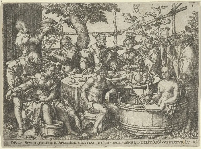 Framed Print : The Parable of the Rich Man and the Beggar Lazarus, 1554. Creator: Aldegrever, Heinrich (1502-1560) Framed Print : The Parable of the Rich Man and the Beggar Lazarus, 1554. Creator: Aldegrever, Heinrich (1502-1560)