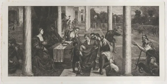 Framed Print : The parable of the rich man (Dives) and Lazarus, 1700-1800. Creators: Anon, Bonifacio de Pitati Framed Print : The parable of the rich man (Dives) and Lazarus, 1700-1800. Creators: Anon, Bonifacio de Pitati