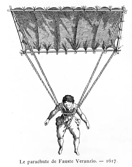 Framed Print : The Parachute of Fauste Veranzio, 1617, (1887). Artist: Gaston Tissandier