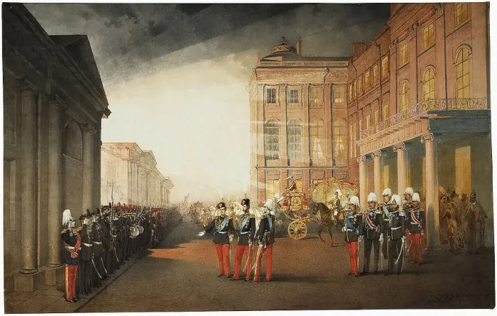 Framed Print : Parade in front of the Anichkov Palace on 26 February 1870, 1870. Artist: Zichy, Mihaly (1827-1906) Framed Print : Parade in front of the Anichkov Palace on 26 February 1870, 1870. Artist: Zichy, Mihaly (1827-1906)
