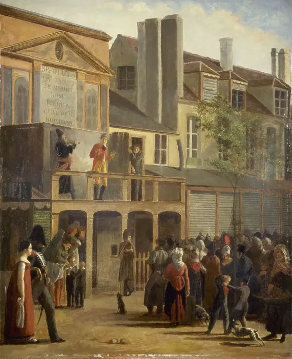 Framed Print : Parade of Bobeche and Galimafre, boulevard du Temple, c1820. Creator: Jean Roller Framed Print : Parade of Bobeche and Galimafre, boulevard du Temple, c1820. Creator: Jean Roller