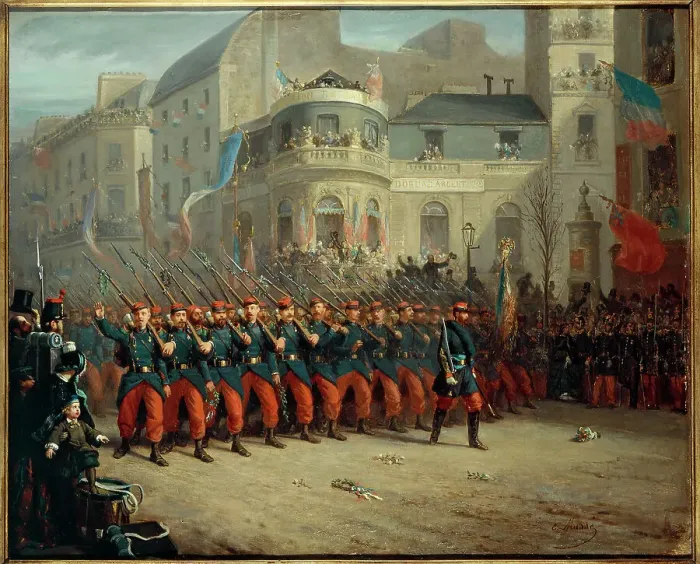 Framed Print : Parade on Boulevard des Italiens, Crimean Army troops, December 29, 1855. Creator: Unknown Framed Print : Parade on Boulevard des Italiens, Crimean Army troops, December 29, 1855. Creator: Unknown
