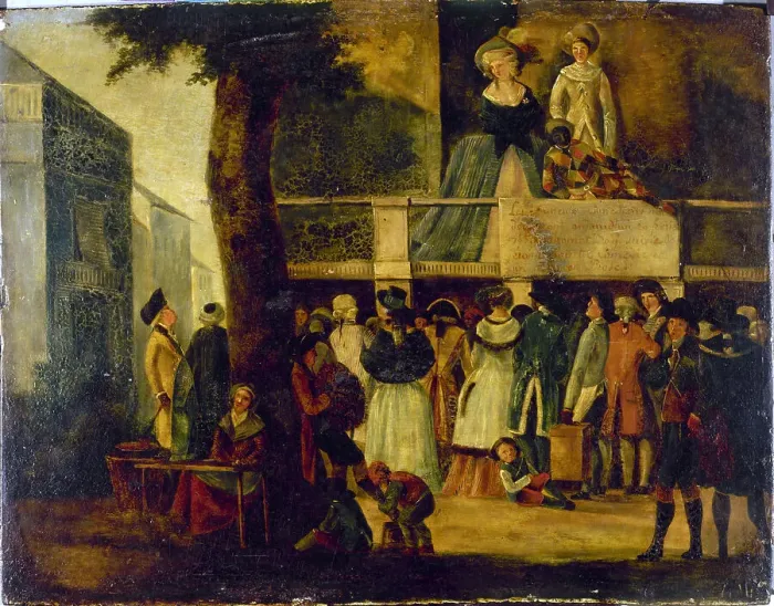 Framed Print : Parade devant un théâtre des boulevards (théâtre des Associés, boulevard du Temple?), c1788. Creator: Ecole Francaise Framed Print : Parade devant un théâtre des boulevards (théâtre des Associés, boulevard du Temple?), c1788. Creator: Ecole Francaise