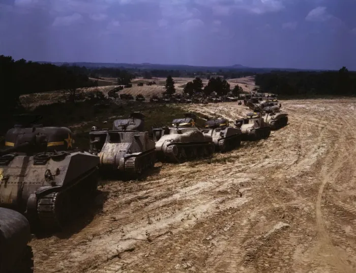 Framed Print : Parade of M-4 (General Sherman) and M-3 (General Grant) tanks in training... Ft. Knox, Ky. 1942. Creator: Alfred T Palmer Framed Print : Parade of M-4 (General Sherman) and M-3 (General Grant) tanks in training... Ft. Knox, Ky. 1942. Creator: Alfred T Palmer