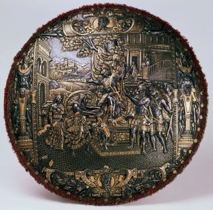 Framed Print : Parade shield, c1580. Artist: Lucio Piccinino Framed Print : Parade shield, c1580. Artist: Lucio Piccinino